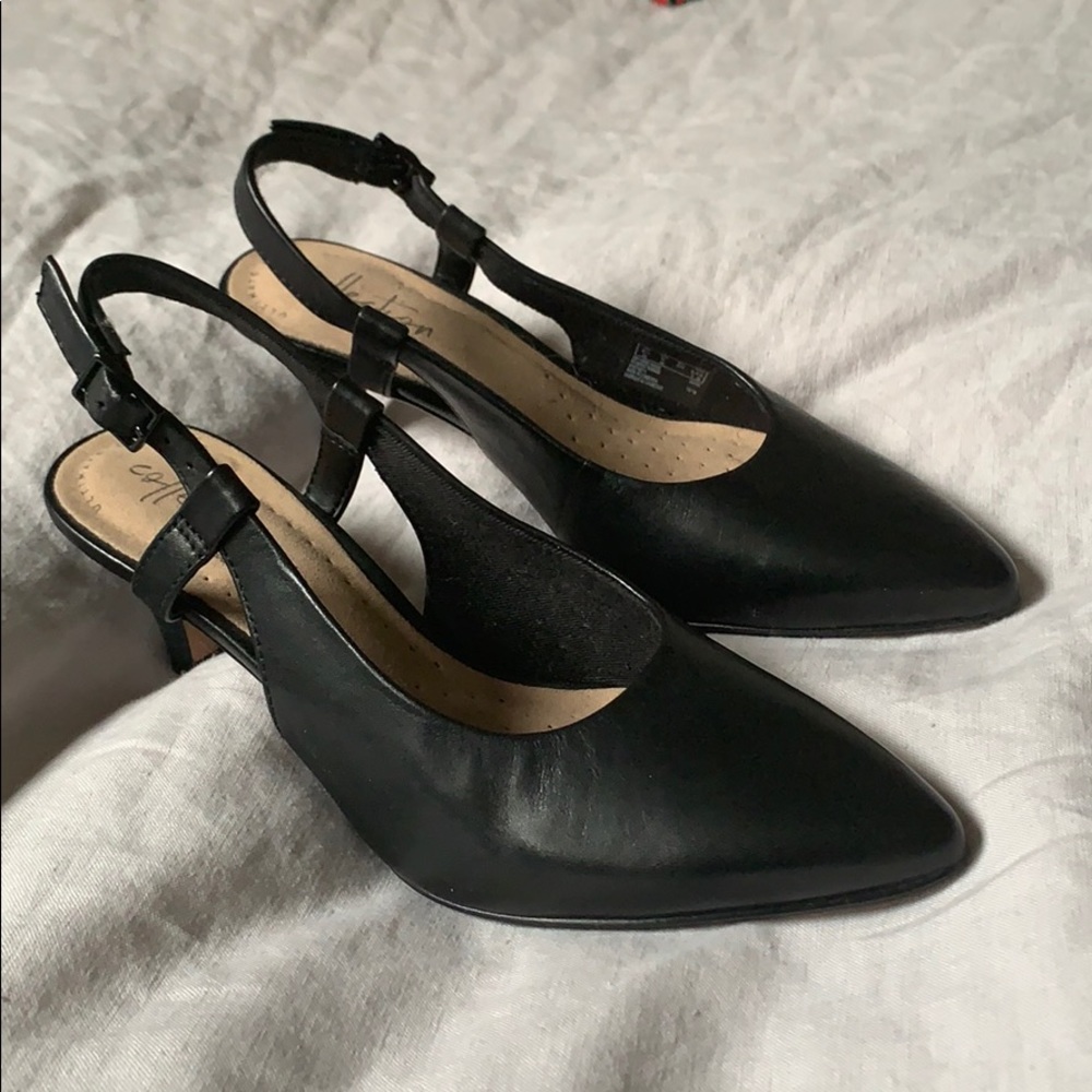 Clarks black leather slingback heels